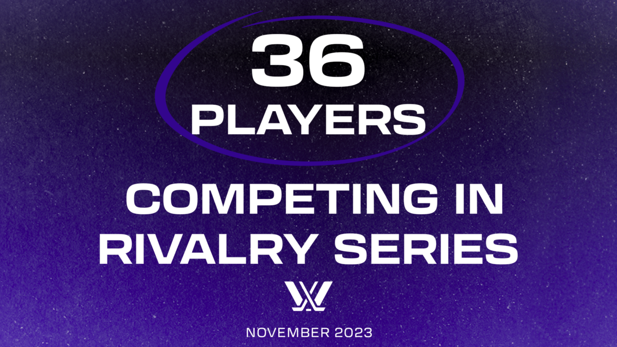 White text on a purple background that reads: 36 players competing in Rivalry Series. At the bottom, there is the PWHL logo with text underneath that reads: November 2023.