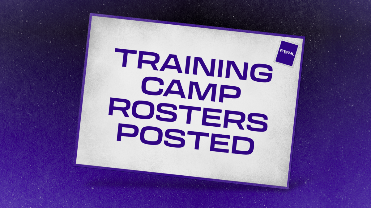 A white postcard on a purple background that reads: Training Camp Rosters Posted. There is a stamp in the top right corner of the Postcard with the PWHL logo.