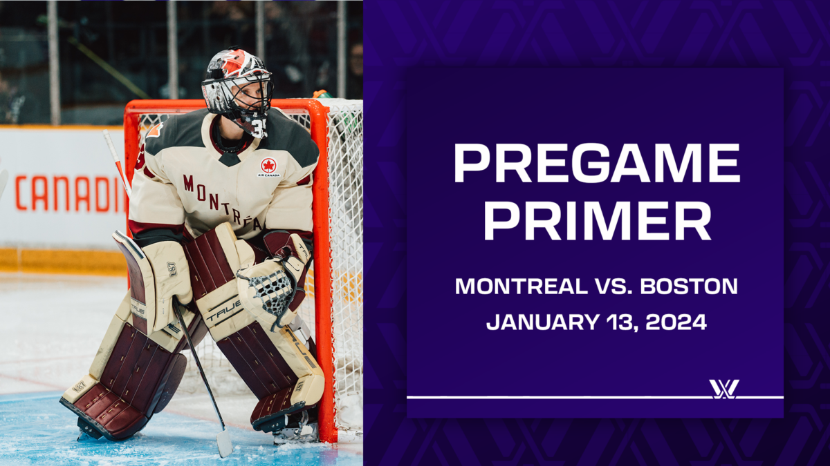 Picture on left of Montreal goalie Ann-Renée Desbiens White writing on purple background on the right reading: Pregame Primer Montreal vs. Boston January 13, 2024