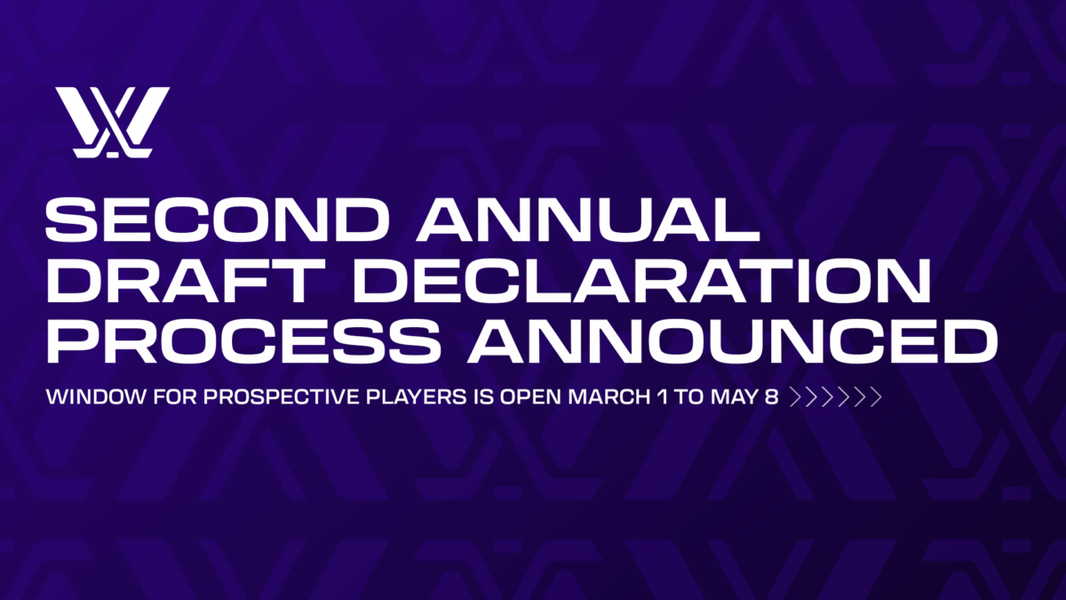 White writing on purple background. Writing says "Second annual draft declaration process announced. Window for prospective players is open March 1 to May 8"